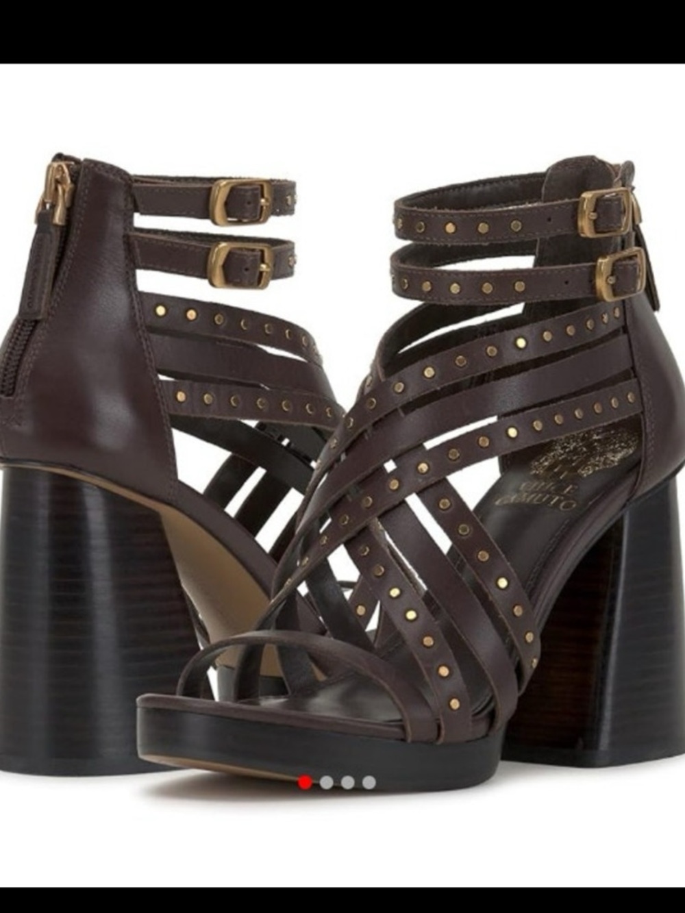 Vince Camuto Dark Brown Studded Strappy Block Heel Sandals